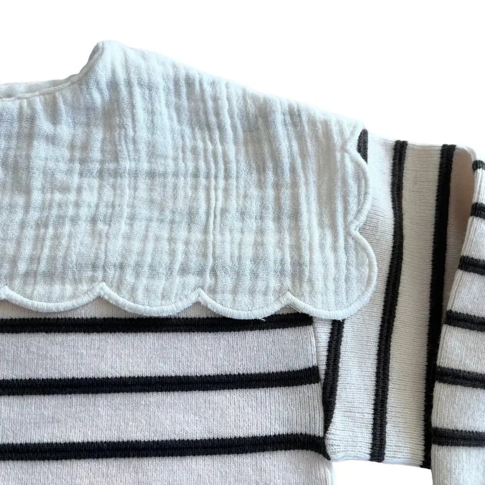 Zara Girls Ecru Black Stripe Bib Collar Knit Sweater 12-18 months NWT